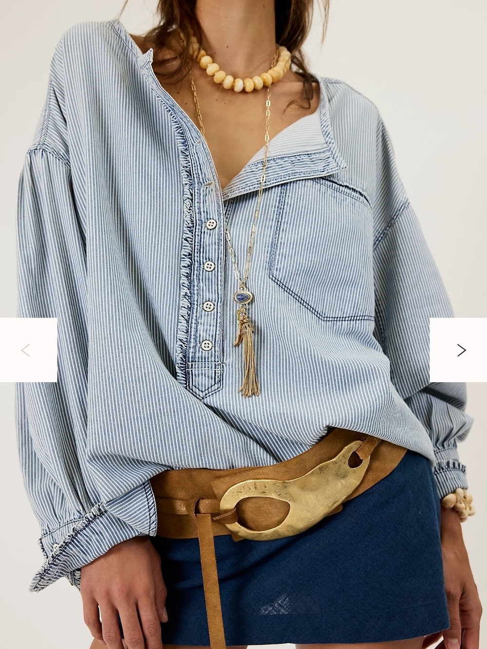 We The Free Denim Dreaming Railroad Stripe Henley Blouse Ruffled Trim